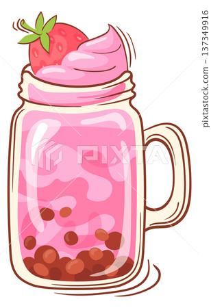 Strawberry bubble tea in glass jar color icon 137349916