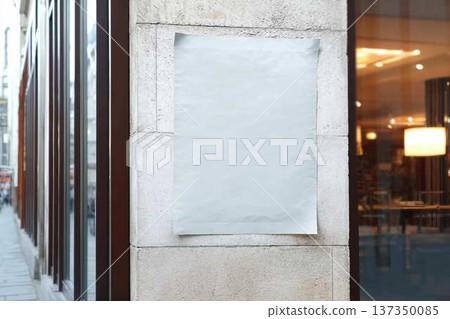 White wrinkled poster template. Glued paper mockup. Blank wheatpaste on textured wall. Empty street art sticker mock up. Clear urban glued advertising canvas. 137350085