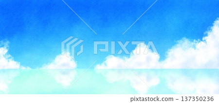 一幅精美的水彩背景插圖，描繪了夏天蔚藍的天空、美麗的水面和積雨雲。 137350236