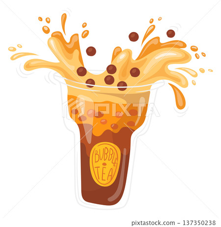 Bubble tea splash. Tapioca pearl drink drawing 137350238