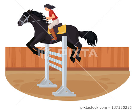 Horse race cartoon scene. Jockey jumping barrier Horse race cartoon scene. Jockey jumping barrier 137350255