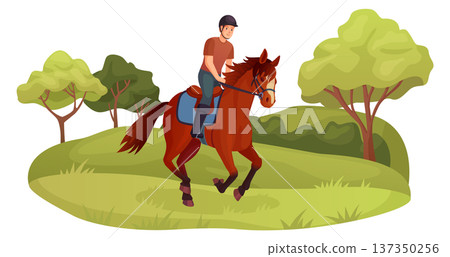 Horseman gallop. Kid ride horse in green nature outdoor Horseman gallop. Kid ride horse in green nature outdoor 137350256