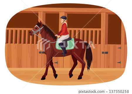 Horse stable scene. Professional jockey cartoon character Horse stable scene. Professional jockey cartoon character 137350258