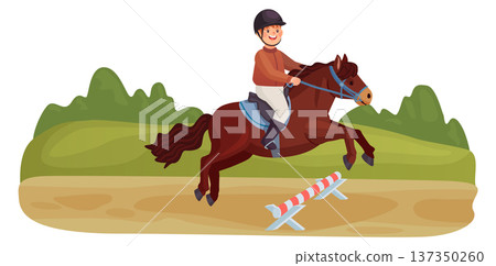 Kid riding pony. Outdoor boy activity scene 137350260