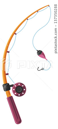 Fishing pole with sinning reel. Fishery cartoon equipment Fishing pole with sinning reel. Fishery cartoon equipment 137350288
