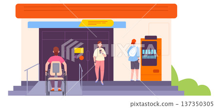 Man in wheelchair moving into building. Disabled person life 137350305