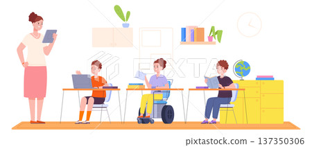 Diverse students in classroom. Kids school color scene 137350306