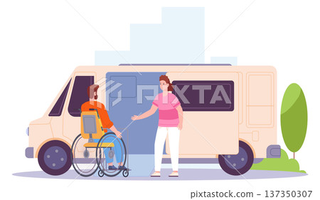 Disabled life difficulties. Accessible transport for man in wheelchair 137350307
