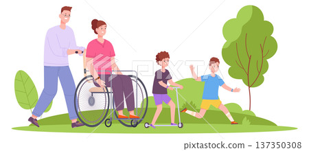 Disabled woman walking with family. Mother in wheelchair cartoon character 137350308