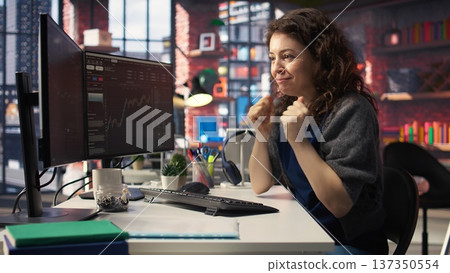 Frustrated entrepreneur tracking stock market growth on dual monitors, analyzing trends and liquidity. Trading interface enables informed buying and selling decisions, market crash. Camera A. Frustrated entrepreneur tracking stock market growth on dual monitors, analyzing trends and liquidity. Trading interface enables informed buying and selling decisions, market crash. Camera A. 137350554