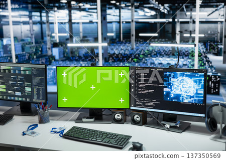 Data center mockup isolated screen PCs monitoring AI LLM models performance used in automation workloads. Green screen chroma key computers overseeing artificial intelligence server rigs 137350569