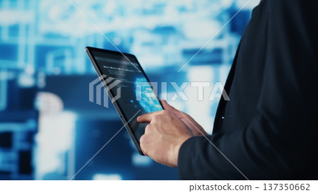 Professional IT engineer uses modern digital AI neural networks for machine learning and virtual assistant, coding for artificial intelligence brain development. Smart tech innovation. Camera A. Professional IT engineer uses modern digital AI neural networks for machine learning and virtual assistant, coding for artificial intelligence brain development. Smart tech innovation. Camera A. 137350662