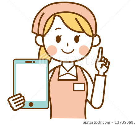 Illustration of a female supermarket clerk holding a tablet and giving directions 137350693