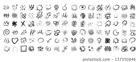 Set bundle Line cartoon comic expression icons. Doodle movement marks bubbles, boom spark shapes, arrows, Set bundle Line cartoon comic expression icons. Doodle movement marks bubbles, boom spark shapes, arrows, 137350846