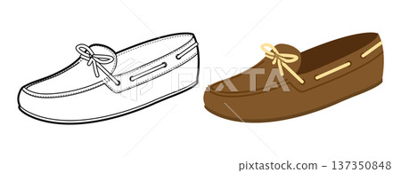 Brown boat loafer shoe women flat plus line set. Lace detail casual deck footwear for lifestyle magazine graphic project 137350848