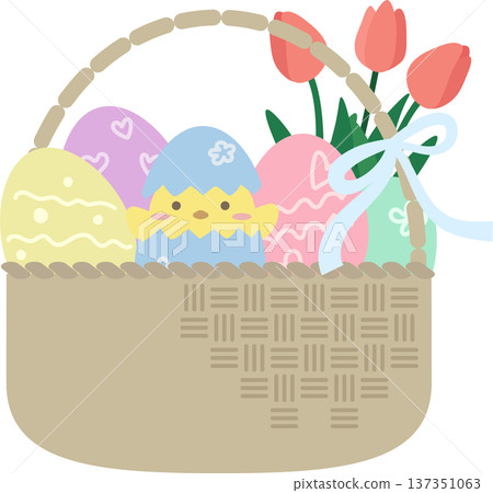 復活節彩蛋和小雞籃子插畫素材 137351063