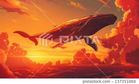 日落時分飛翔的鯨魚,動漫風格 日落時分飛翔的鯨魚,動漫風格 137351068