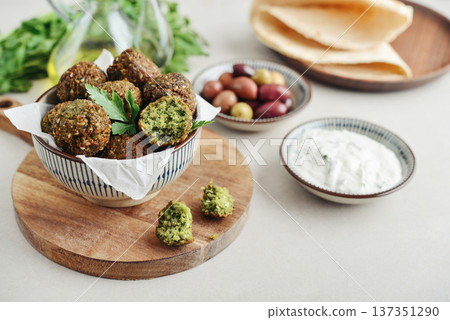 A bowl of crispy golden brown falafel balls 137351290