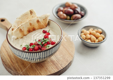 Traditional vegan arabic eggplant appetize Aubergine dip - Baba Ghanoush Traditional vegan arabic eggplant appetize Aubergine dip - Baba Ghanoush 137351299