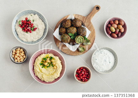hummus, falafel, mutabbal, qudsia and baba ghanoush 137351368