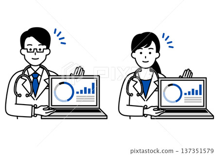 Set of male and female doctors showing graphs on laptop screen Set of male and female doctors showing graphs on laptop screen 137351579
