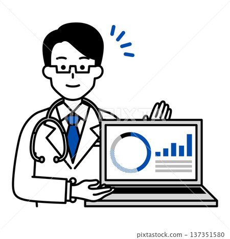 Male doctor showing graphs on laptop screen 137351580