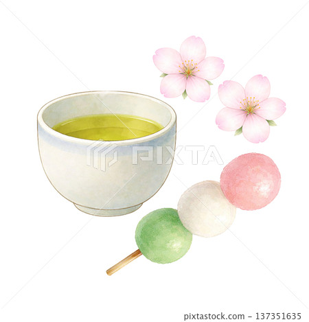 綠茶、三色餃子和櫻花水彩插畫，春季賞櫻素材 137351635