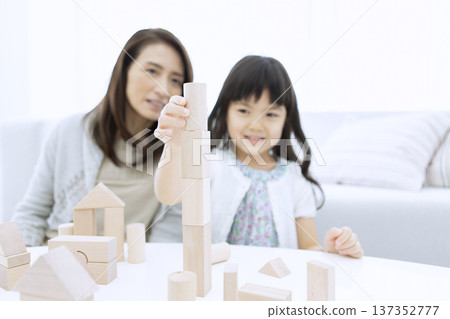 Grandmother and grandson playing with building blocks Grandmother and grandson playing with building blocks 137352777