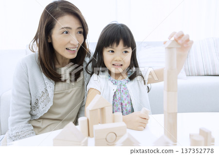 Grandmother and grandson playing with building blocks 137352778