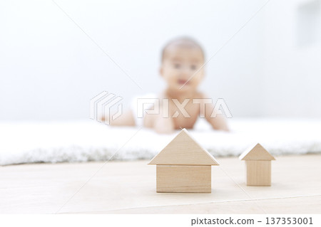 Baby lying on a rug and building blocks Baby lying on a rug and building blocks 137353001