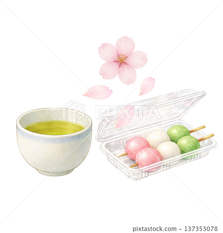 綠茶、三種餃子包裝和櫻花、水彩插畫、春賞櫻花、日式點心素材 137353078