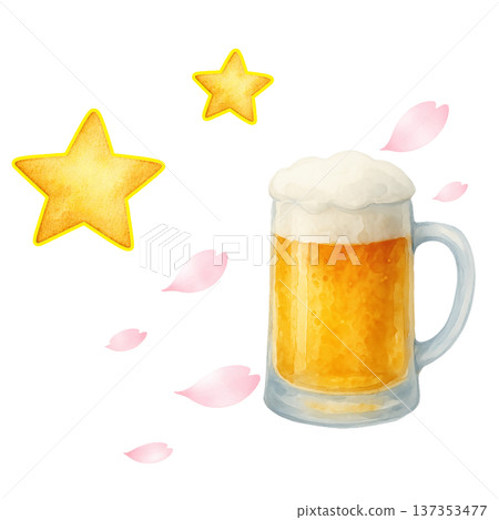 啤酒和櫻花花瓣水彩插畫，春日祝酒素材 137353477