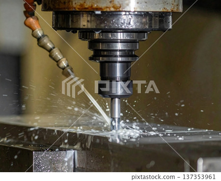 CNC milling machine processing on steel with a cooling CNC milling machine processing on steel with a cooling 137353961