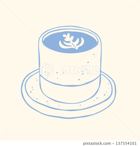 Hand drawn ceramic coffee cup on matching saucer in minimalist blue line style. Elegant cafe vector illustration perfect for restaurant menu, coffee branding, packaging and lifestyle design 137354101