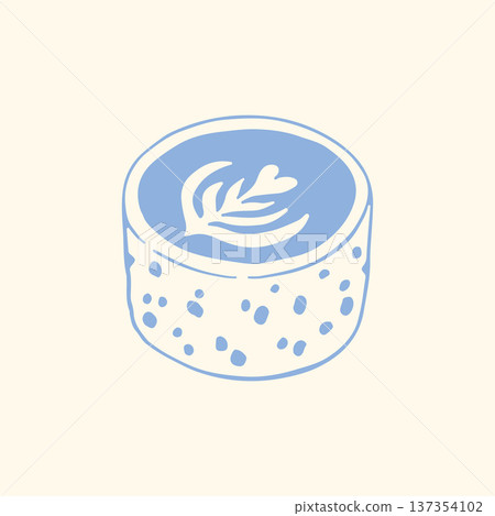 Hand drawn ceramic coffee cup with latte art in minimalist blue line style. Elegant cafe vector illustration perfect for restaurant menu, coffee branding, packaging and lifestyle design 137354102
