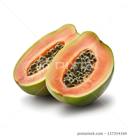 Freshly Sliced Papaya with Vibrant Orange Flesh and Black Seeds on White Background 137354384