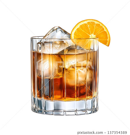 Refreshing Glass of Cold Beverage with Ice and Orange Slice on a Bright Background 137354389