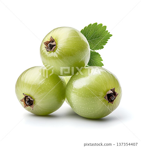 Fresh Green Gooseberries with Leaf Isolated on White Background for Culinary Use 137354407