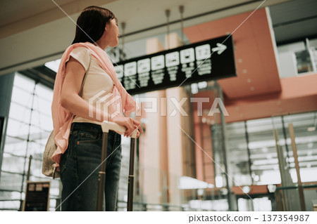 A woman looking at an information board at the airport. Photo courtesy of Kansai International Airport (KIX). 137354987
