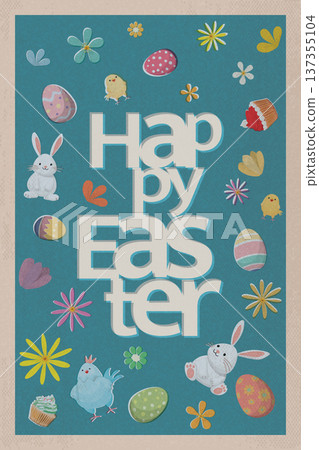 Happy Easter greeting card, poster or banner defect printing on old roneo paper rough texture blue color vertical backgroun Happy Easter greeting card, poster or banner defect printing on old roneo paper rough texture blue color vertical backgroun 137355104