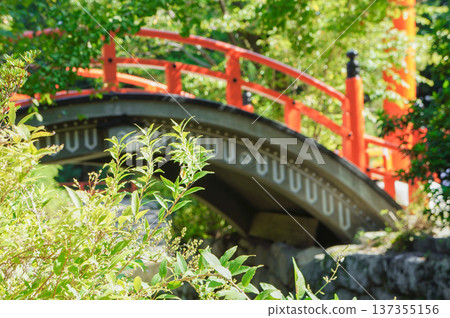 神社裡那座朱紅色的拱橋被鬱鬱蔥蔥的綠植環繞 神社裡那座朱紅色的拱橋被鬱鬱蔥蔥的綠植環繞 137355156