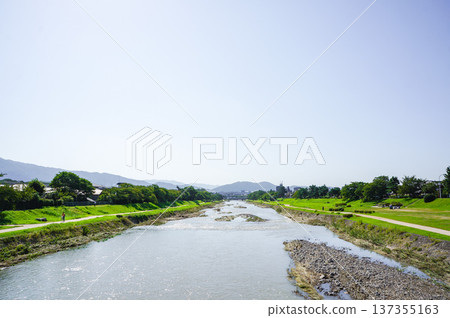 A refreshing summer landscape with a river and green space under a blue sky 137355163