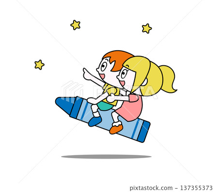 Cute illustration of a child riding a crayon 137355373