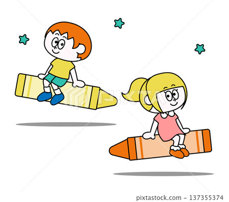 可愛的兒童騎蠟筆插圖 137355374