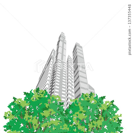 一幅綠意盎然、令人心曠神怡的城市景觀插圖。 137355448