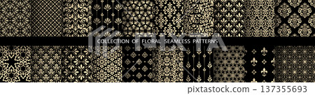 Geometric floral set of seamless patterns. Golden and black vector backgrounds. Damask graphic ornaments 137355693