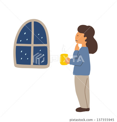 一位憂心忡忡的女子手拿飲料，望著窗外。 137355945