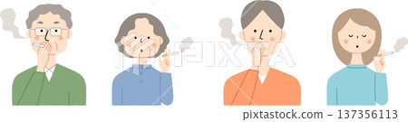 Set of four men and women, both seniors and young people, who smoke 137356113