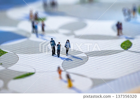 Miniature people walking on an architectural model of a public park layout Miniature people walking on an architectural model of a public park layout 137356320