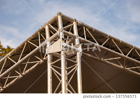Stage truss structure corner forming part of an outdoor event canopy frame 137356571